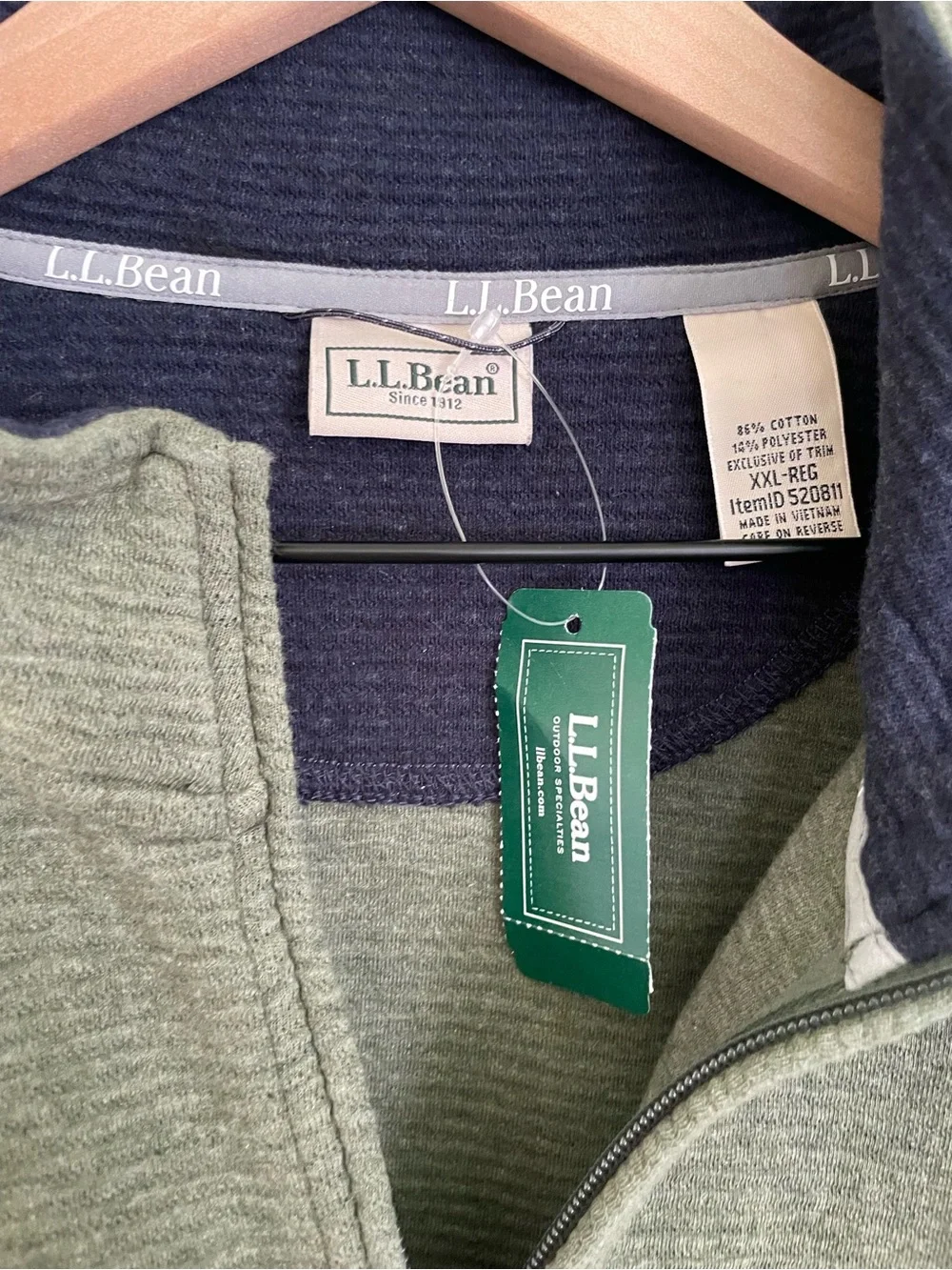 L.L. Bean Men's Olive Green Lakewashed Double Knit Quarter-Zip Pullover